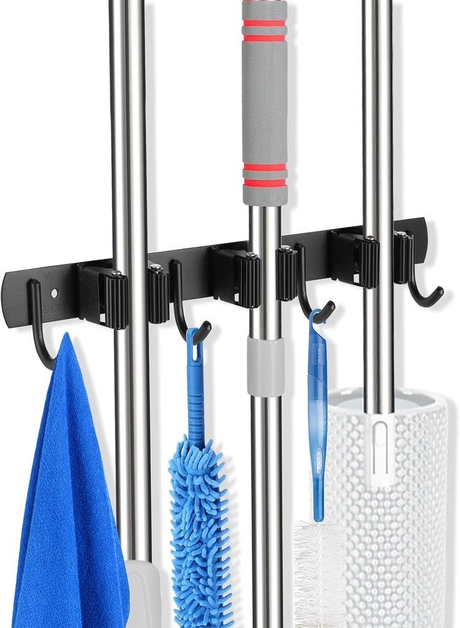 Boniry Broom Holder and Mop Organizer | Mop Holder For Wall Without Drilling with 3 Slots and 4 Hooks for Kitchen, Garage, Garden, and Utility | Space Saving Cleaning Tool Organizer (Black) - Image 1